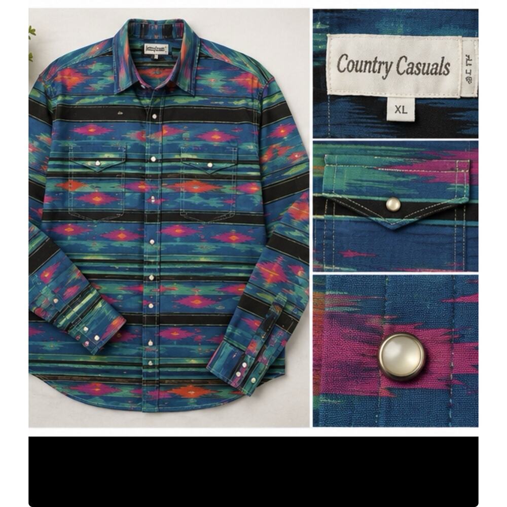 Country Casuals Western Aztec Snap Shirt Men XL Vintage 90s